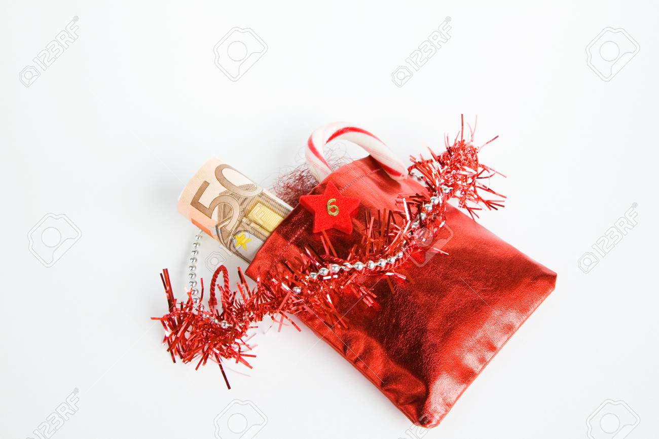 christmas present advent calendar small bag with money stock photo small christmas present