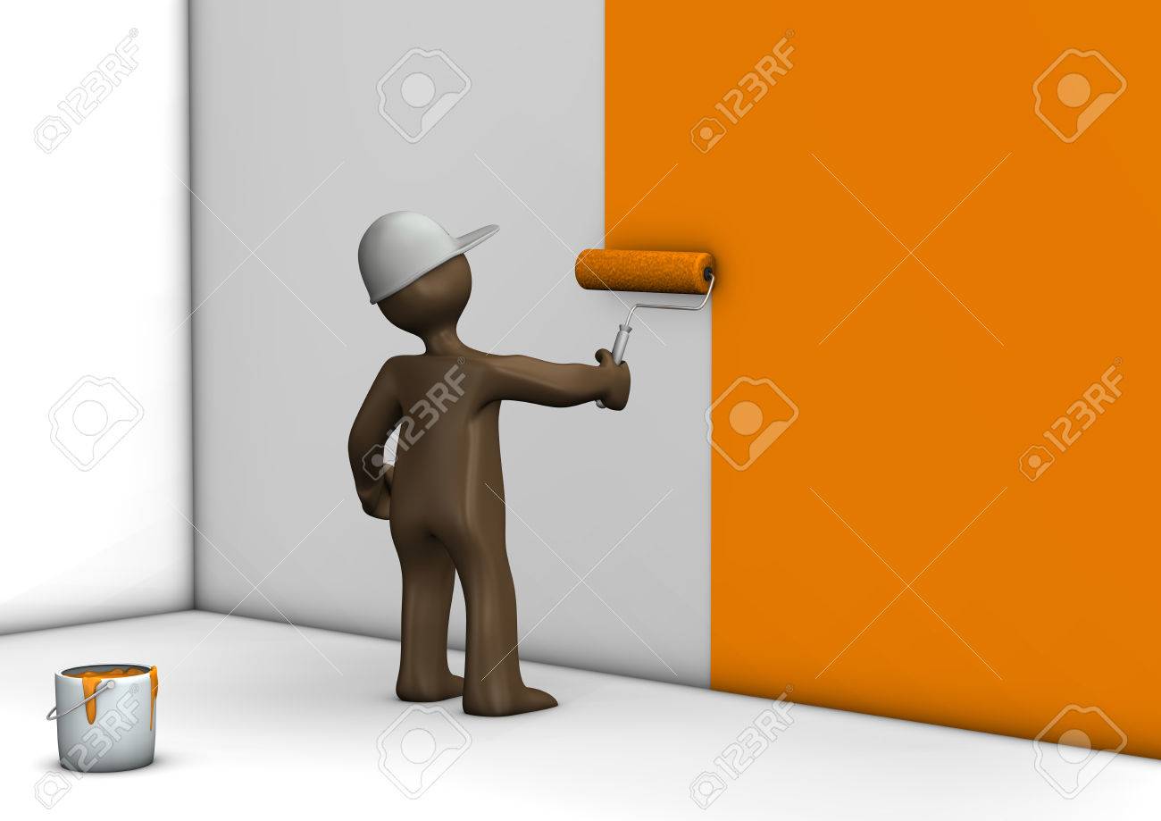 painter with paint roll painting wall orange 3d rendering stock