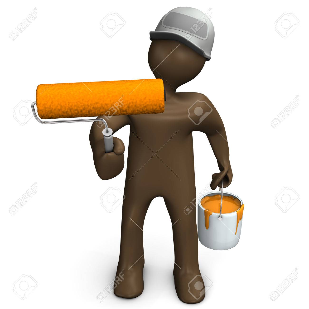 painter manikin with paint roll and bucket with orange paint