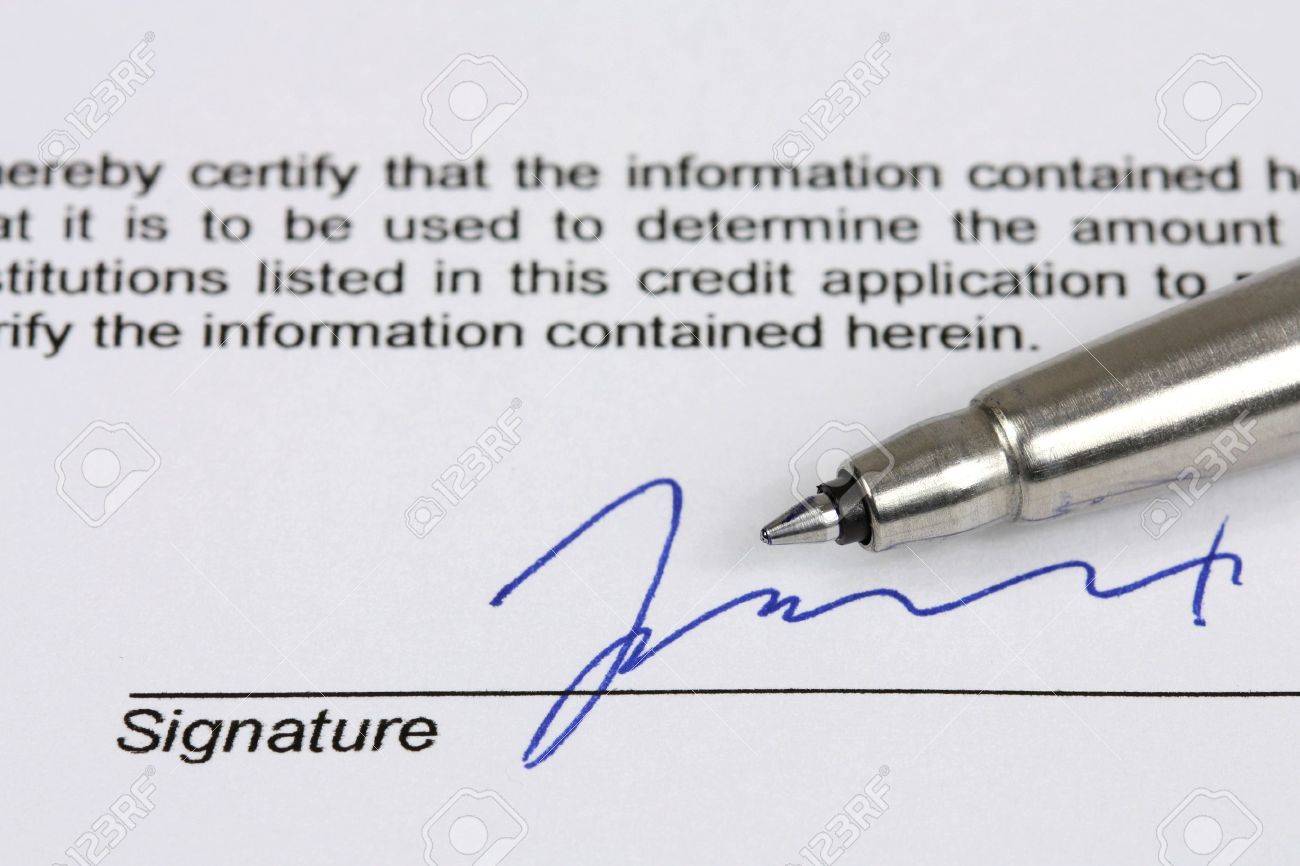 consumer credit application fictional signature with blue ink