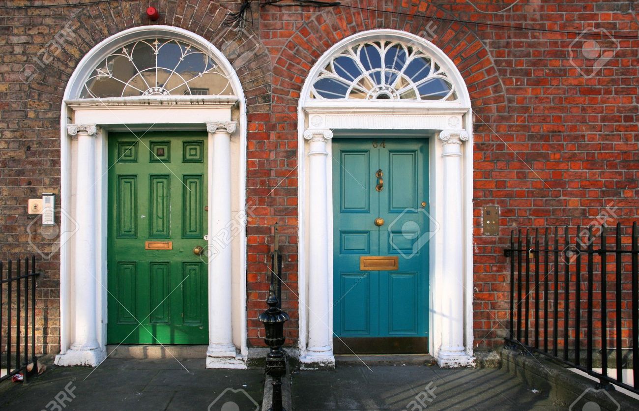 georgian architecture of dublin twin doors in green and blue stock