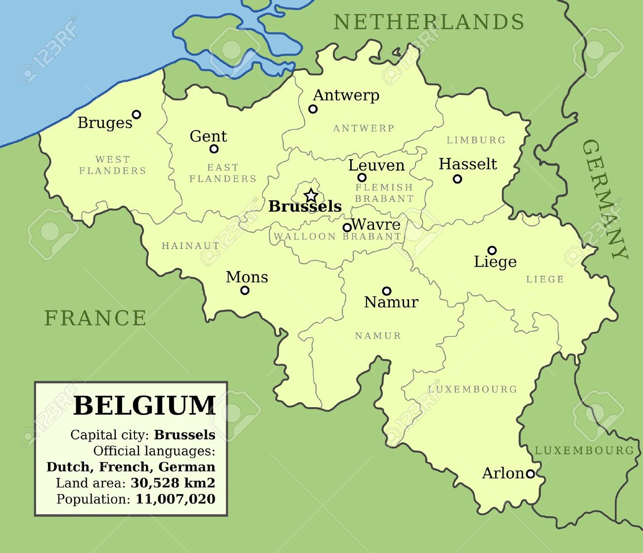 map of belgium with administrative division into provinces and country information data table stock vector