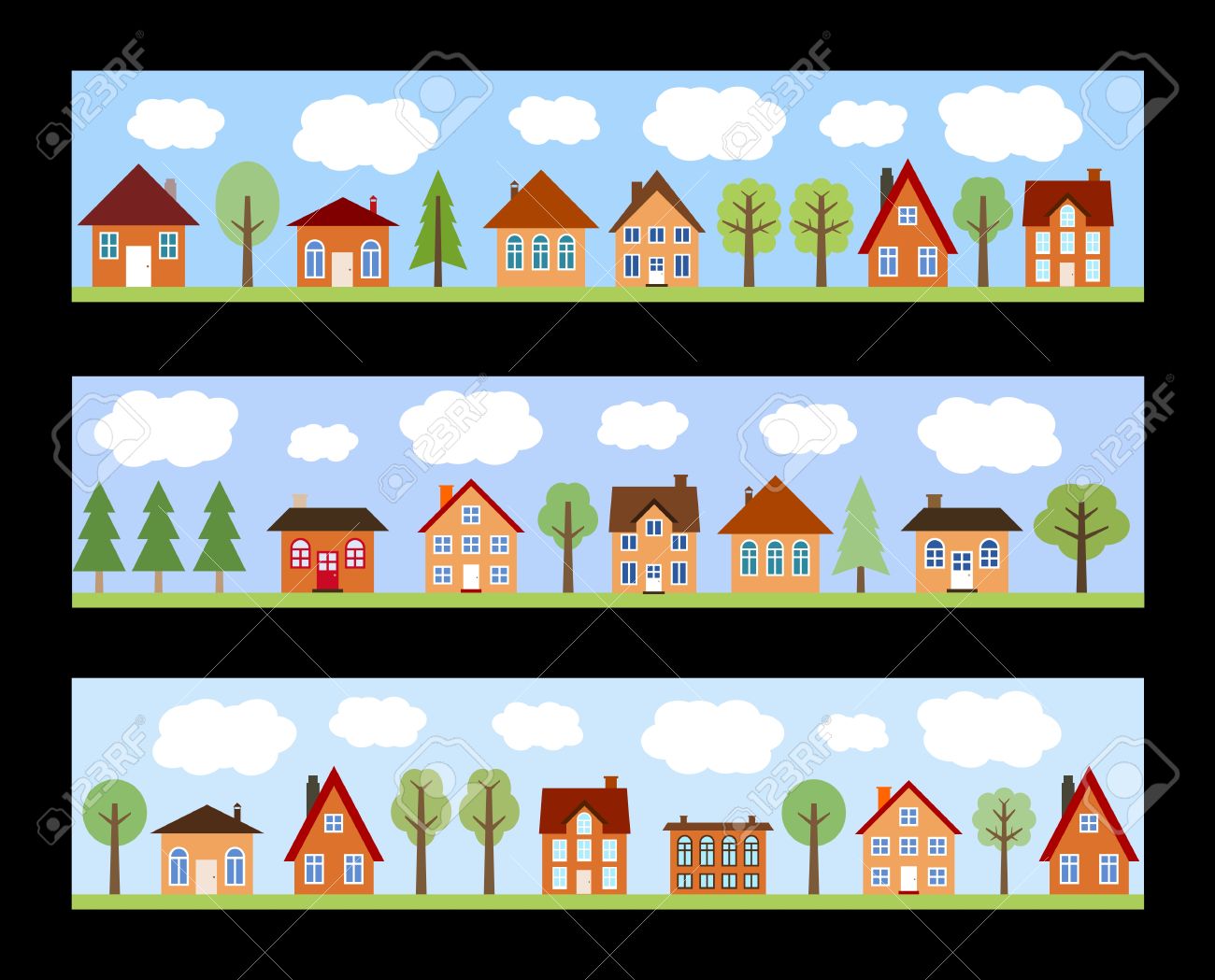 漫画家と木の小さな町のストリート ビュー ヨーロッパの村の通りのバナー のイラスト素材 ベクタ Image
