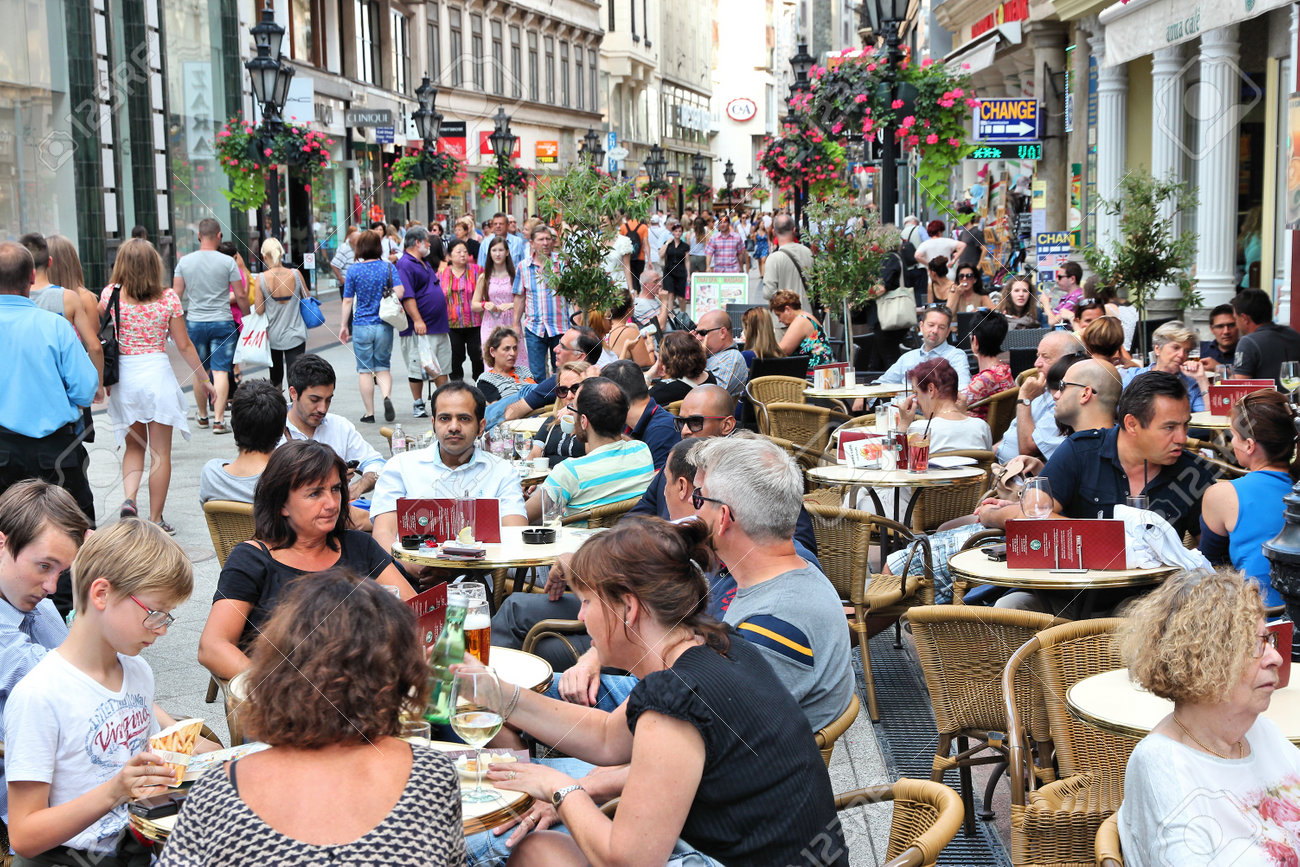 BUDAPEST, HUNGARY - JUNE 19, 2014: People visit Vaci Street in Budapest. 3.3 million people live in Budapest Metropolitan Area. It is the largest city in Hungary and 9th largest in the EU. - 39860922 BUDAPEST, HUNGARY - JUNE 19, 2014: People visit Vaci Street in Budapest. 3.3 million people live in Budapest Metropolitan Area. It is the largest city in Hungary and 9th largest in the EU. - 39860922