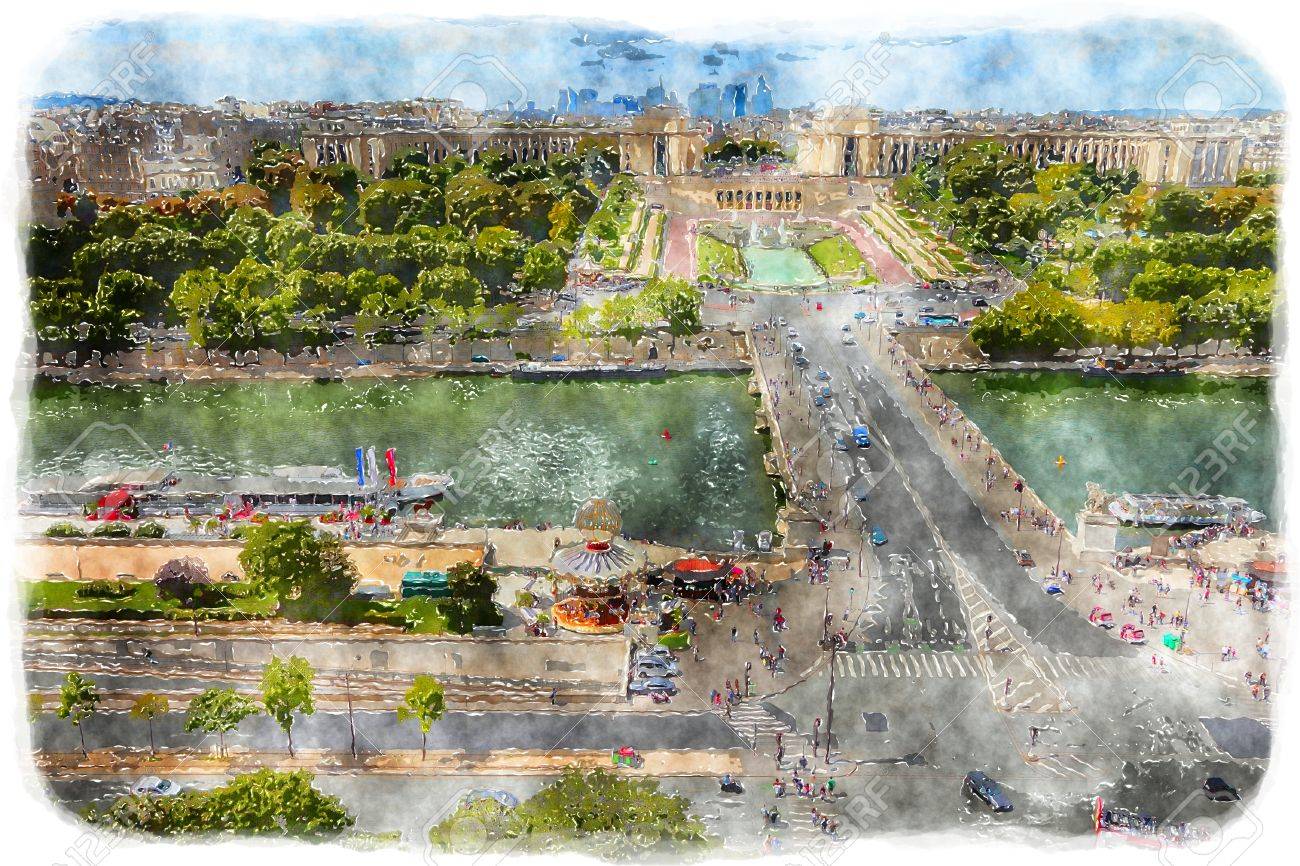 パリ 水彩風の絵します セーヌ川とトロカデロ デジタル アート の写真素材 画像素材 Image