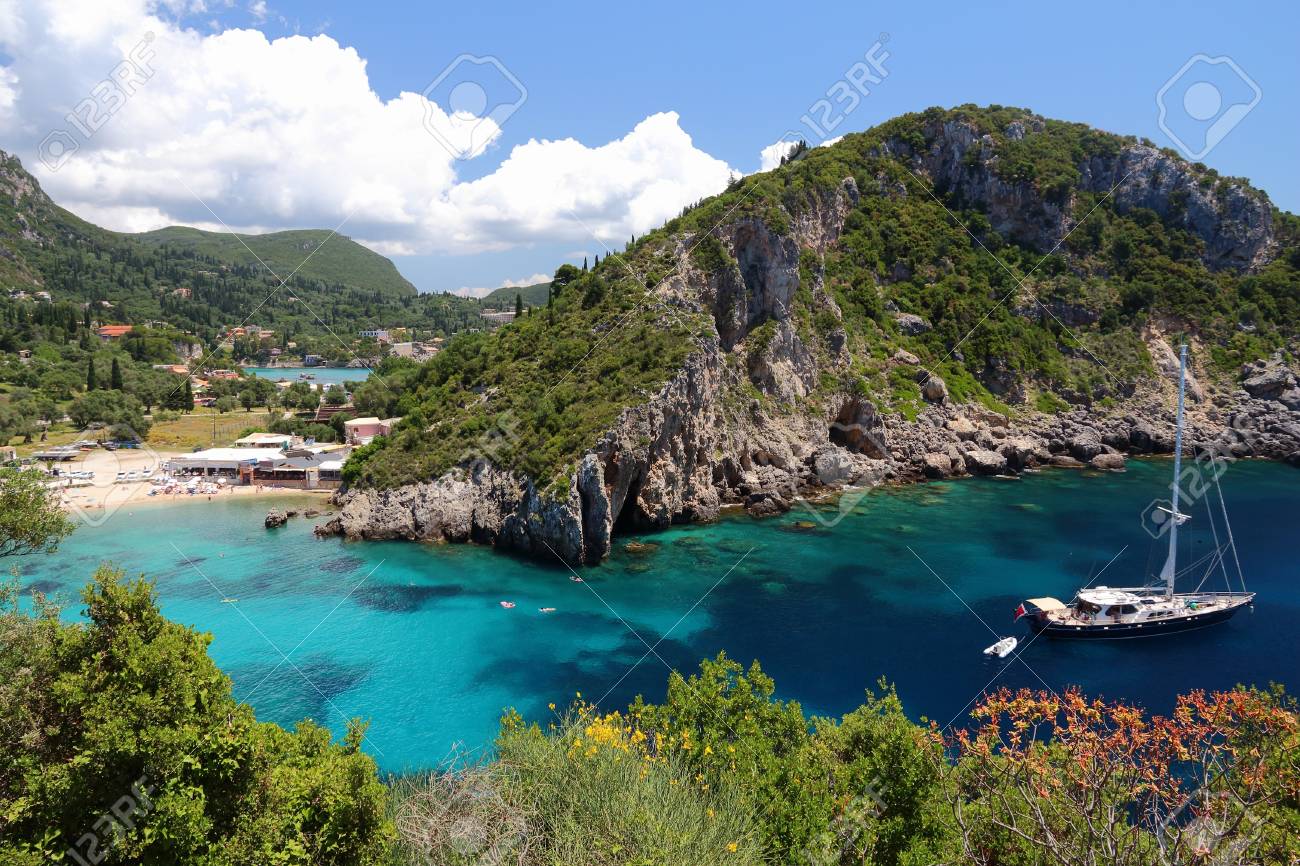 Paleokastritsa on Corfu island, Greece. Ionian Sea coast in summer. - 61042731 Paleokastritsa on Corfu island, Greece. Ionian Sea coast in summer. - 61042731
