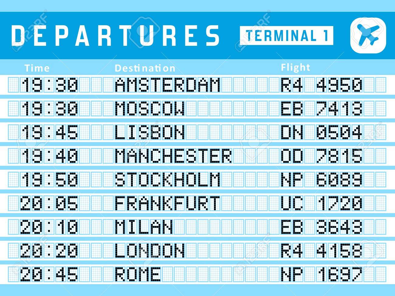 空港時刻表 出発ボード ベクトル イラスト です サインを旅行します アムステルダム モスクワ リスボン ストックホルム フランクフルトへのフライト のイラスト素材 ベクタ Image