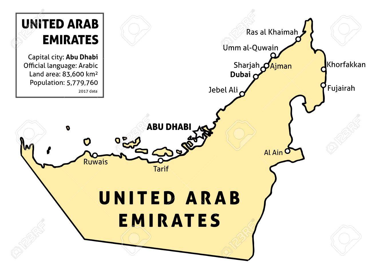 아랍 에미리트 (UAE)지도. 주요 도시와 데이터 테이블이있는 개요 벡터 국가지도. 로열티 무료 사진, 그림, 이미지 그리고  스톡포토그래피. Image 77031315