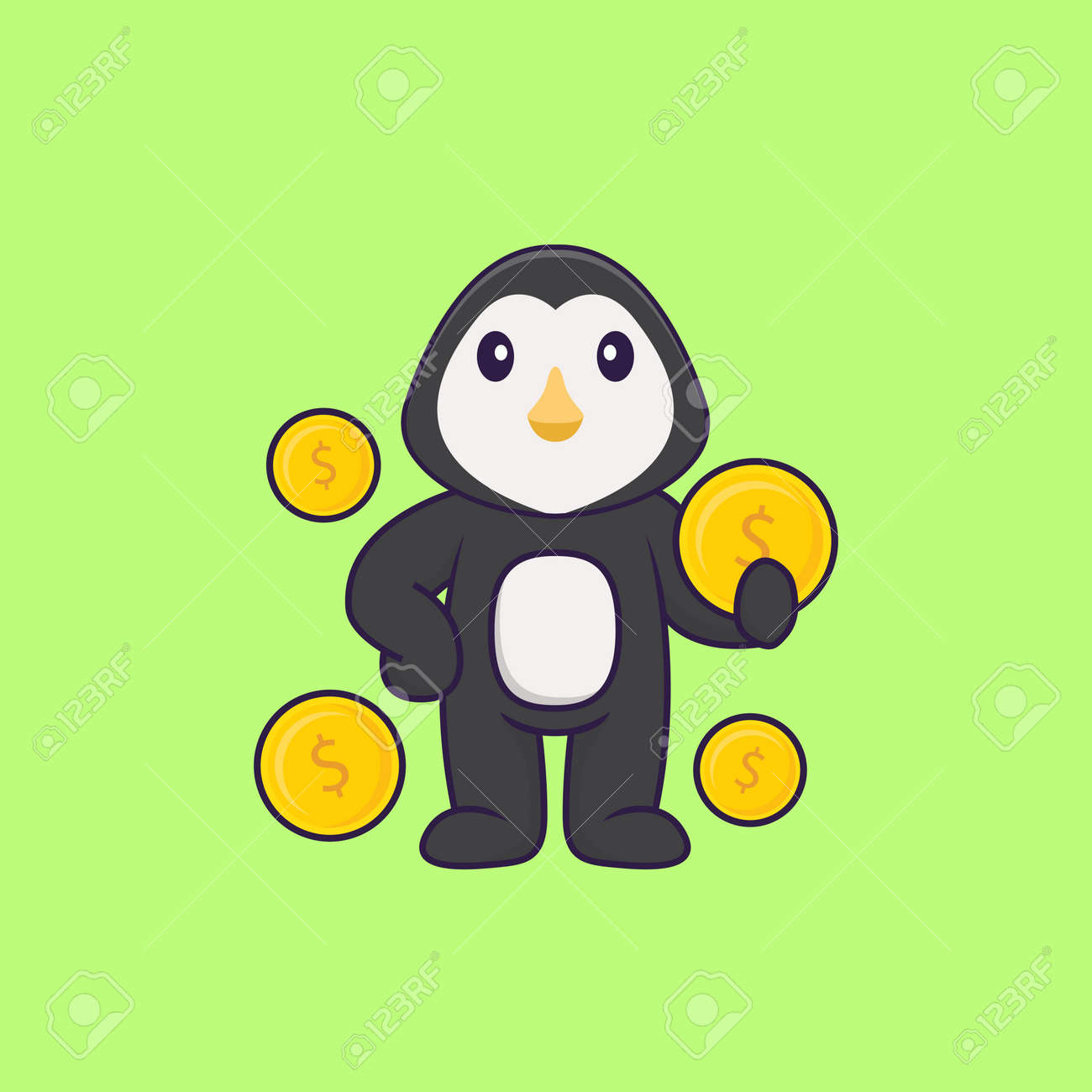 Lindo Pingüino Sosteniendo Una Moneda. Concepto De Dibujos Animados De  Animales Aislado. Puede Usarse Para Camiseta, Tarjeta De Felicitación,  Tarjeta De Invitación O Mascota. Ilustraciones svg, vectoriales, clip art  vectorizado libre de