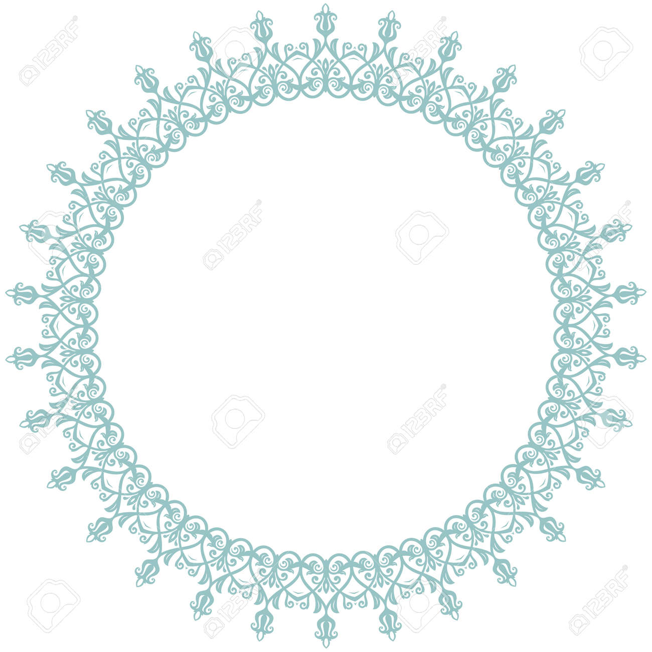 Oriental round frame with arabesques and floral elements. Floral border with blue vintage pattern. Greeting card with place for text - 167205904 Oriental round frame with arabesques and floral elements. Floral border with blue vintage pattern. Greeting card with place for text - 167205904