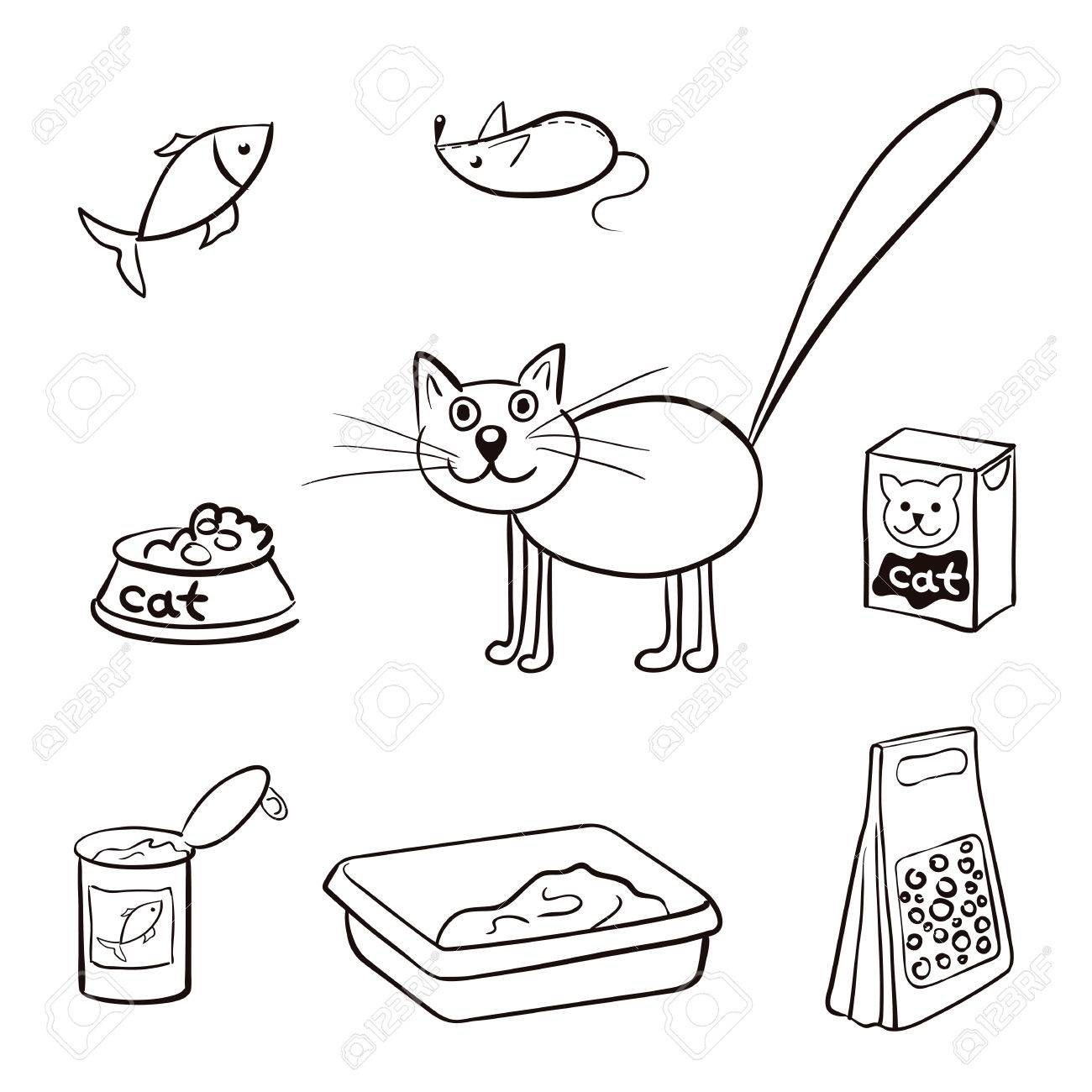 Cat Et Accessoires Pour Les Soins Noir Et Blanc Illustration Vectorielle Nourriture Litière Jouet Pour Chat Produits Commerciaux Chats