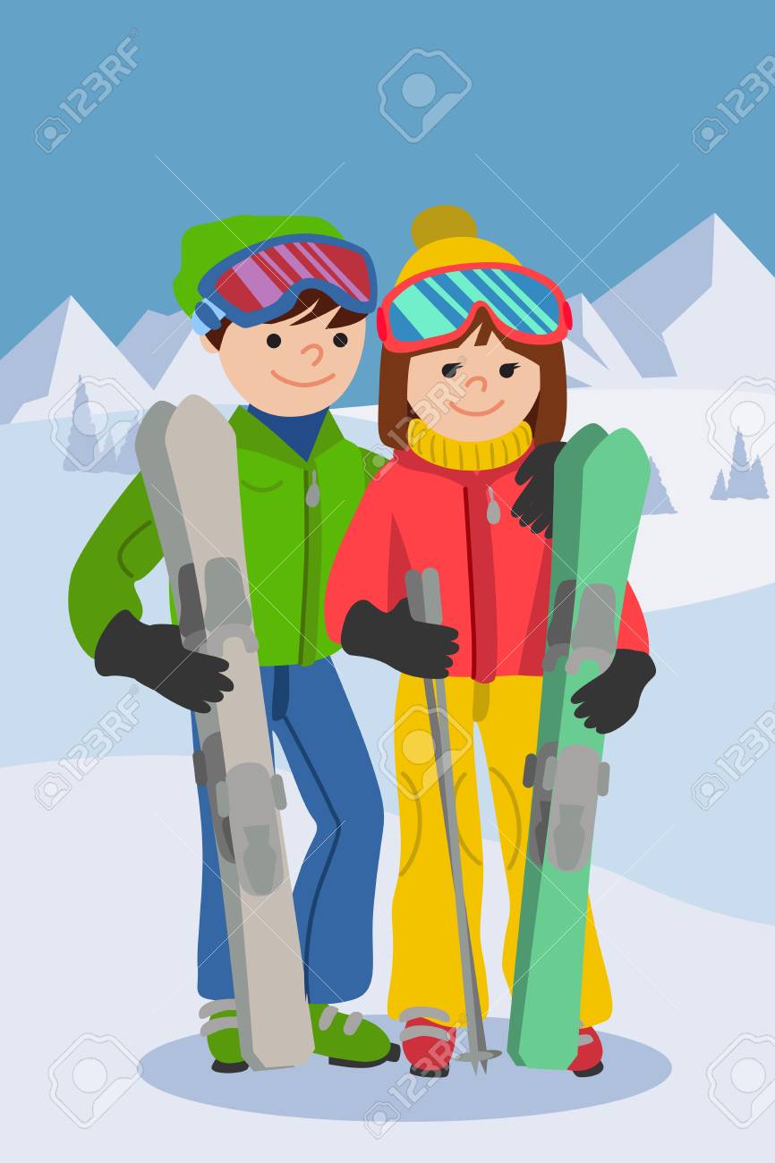 Happy Couple Of Young People Man And Woman Funny Skiers Royalty Free Cliparts Vectors And Stock Illustration Image 66214746