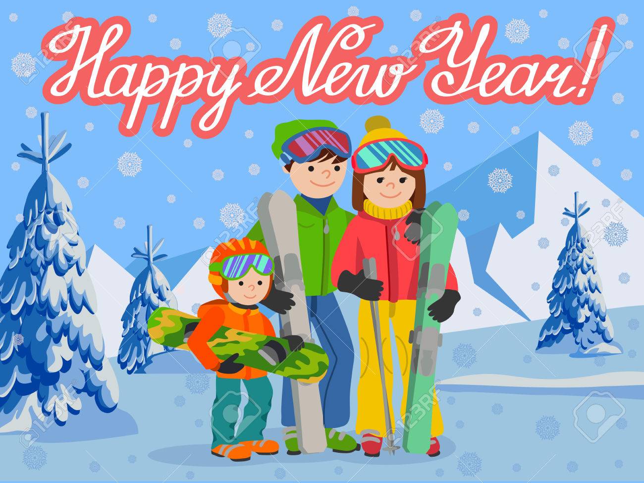 お祝いカード新年の男性と女性 男の子 雪山でスキーします のイラスト素材 ベクタ Image