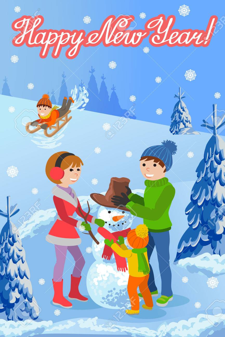 ベクトル家族 Sculpts 雪だるま そり 親子幸せな冬の風景に新年のお祝いカードのイラスト もみの木雪 手書き文字をレタリングします のイラスト素材 ベクタ Image