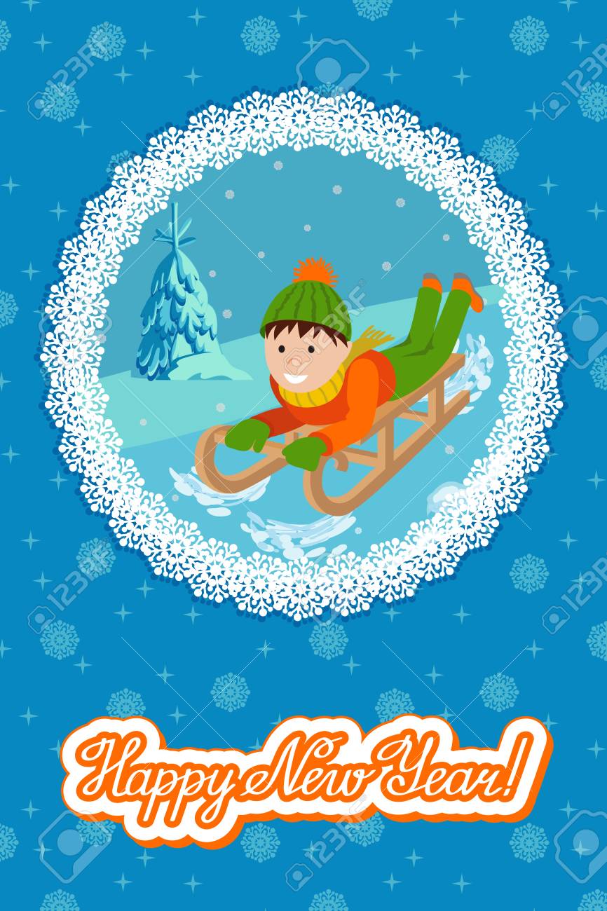雪そりの上のかわいい子 ベクトル イラスト年賀状少しのそり 冬風景少年 モミの木 雪に祝年始をレタリングします のイラスト素材 ベクタ Image