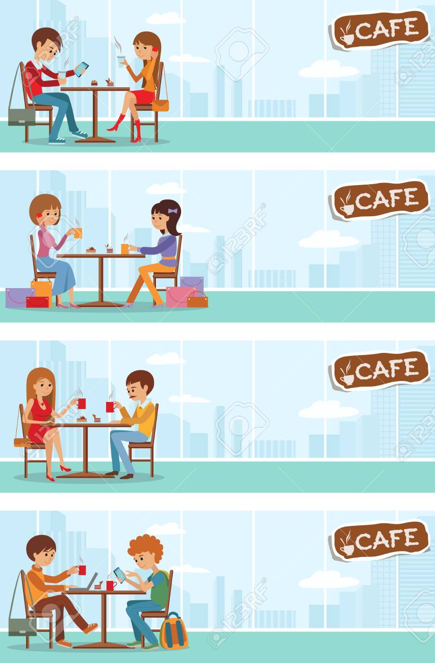 カフェの人々 のカップルは 食べて 飲んで 携帯電話を使用します チラシやバナーのテンプレート ベクトル ウィンドウで都市景観を持つテーブルで男女の イラスト のイラスト素材 ベクタ Image