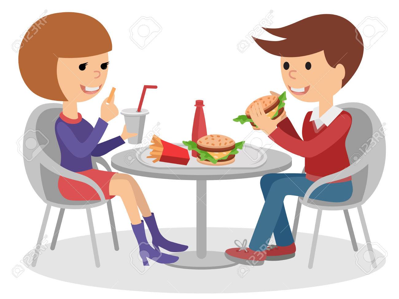 Girl And Boy Eating Fast Food Vector Illustration Of A People At Table With Sandwiches Girl And Boy Eating Fast Food Vector Illustration Of A People At Table With Sandwiches