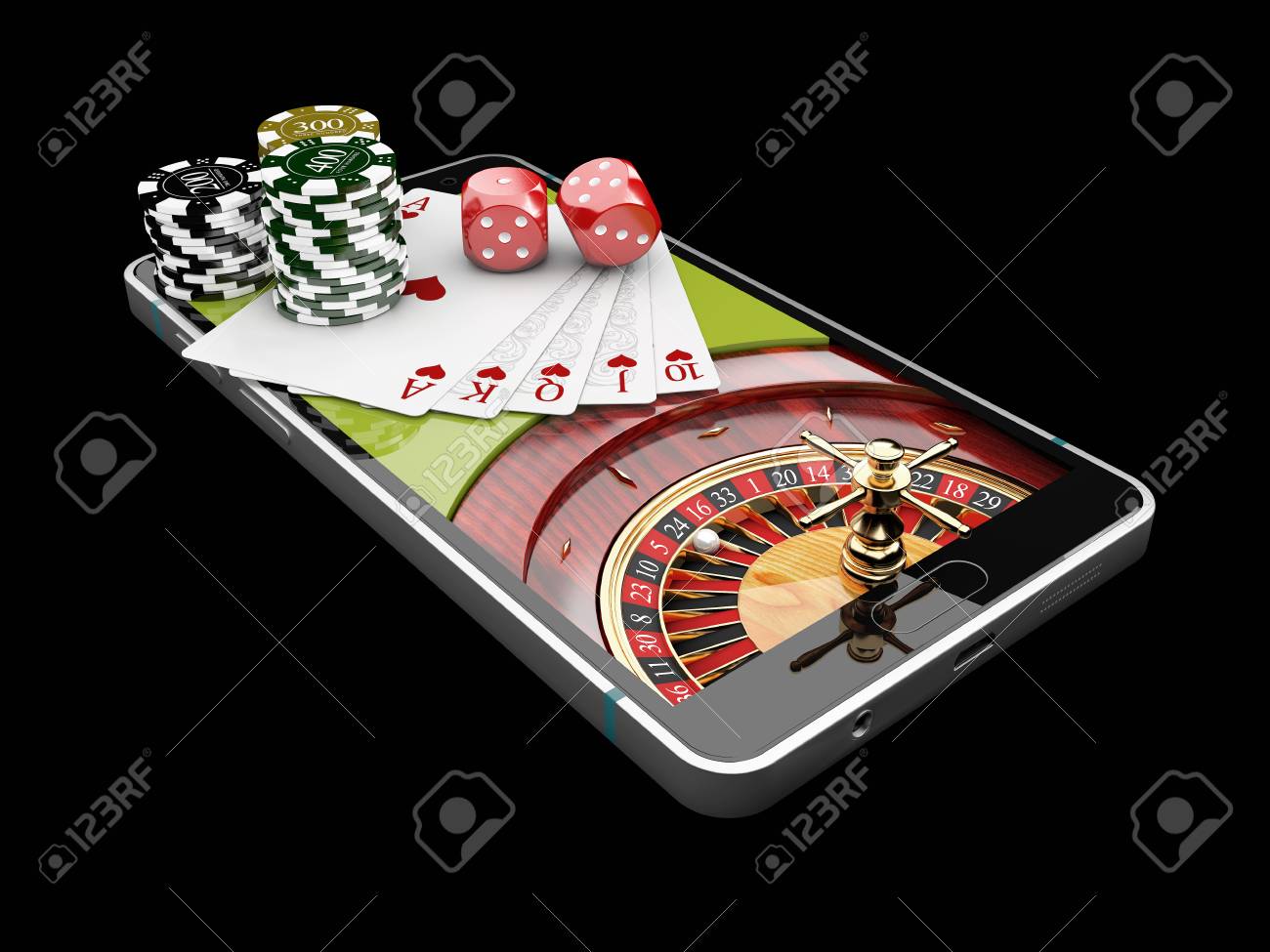 オンラインインターネットカジノアプリ、電話3Dイラストにサイコロとカジノチップとポーカーカード。の写真素材・画像素材 Image 110688926