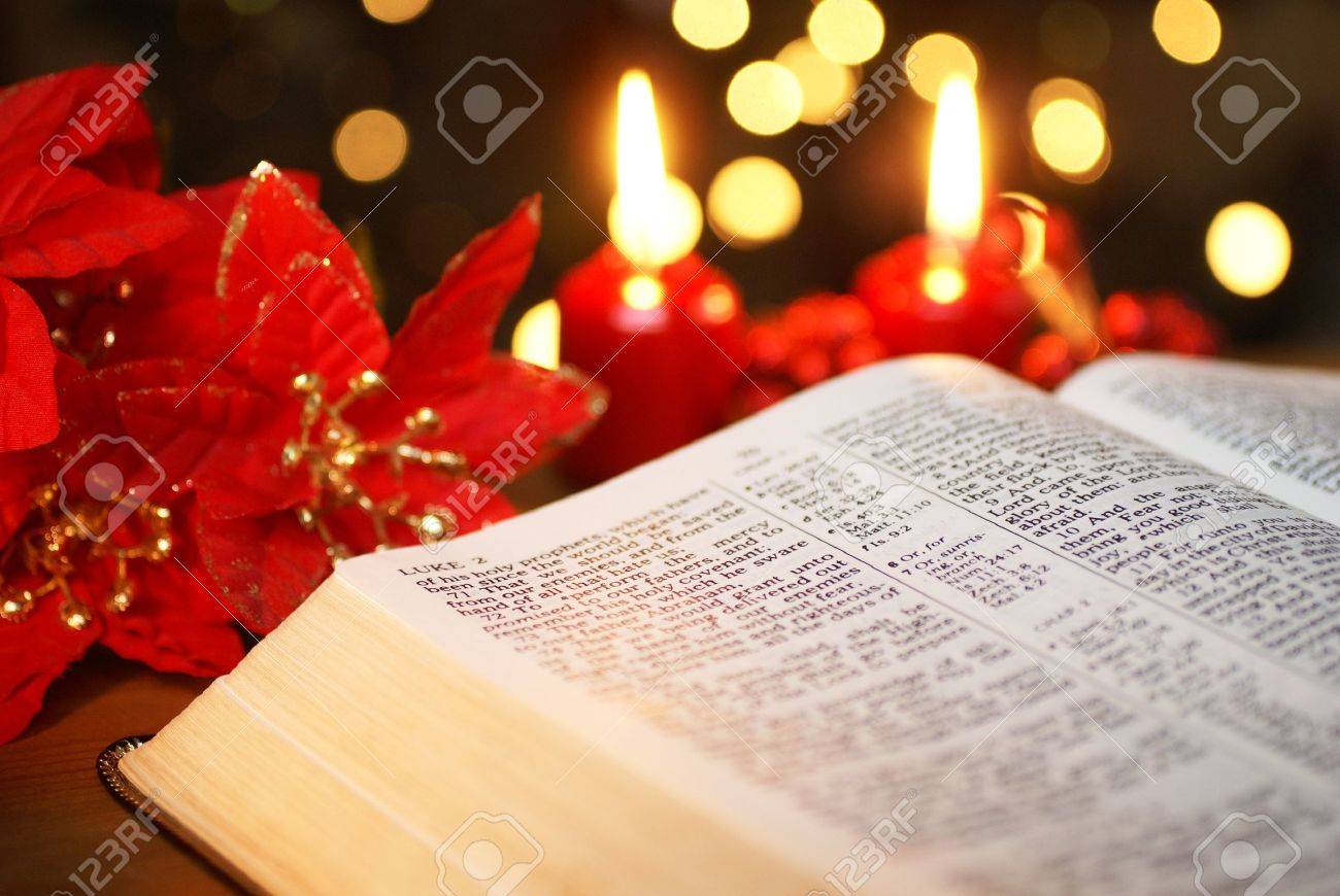 Open Bible With Christmas Story And Christmas Decorations Stock