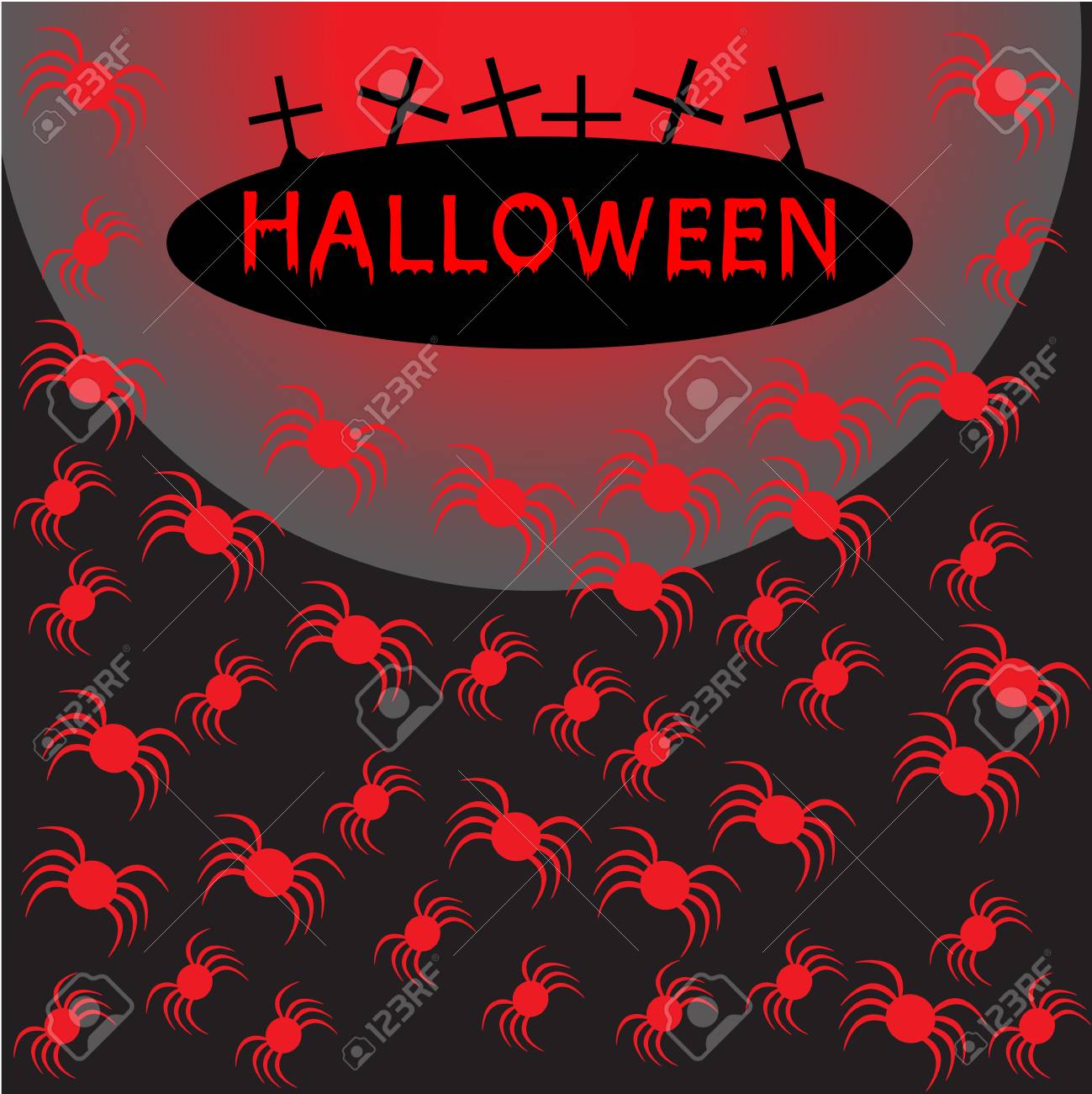 美しい芸術創造的なカラフルなハロウィーンの休日壁紙ベクトル イラスト テクトと十字架灰色の背景に多くの小さな赤いクモののイラスト素材 ベクタ Image