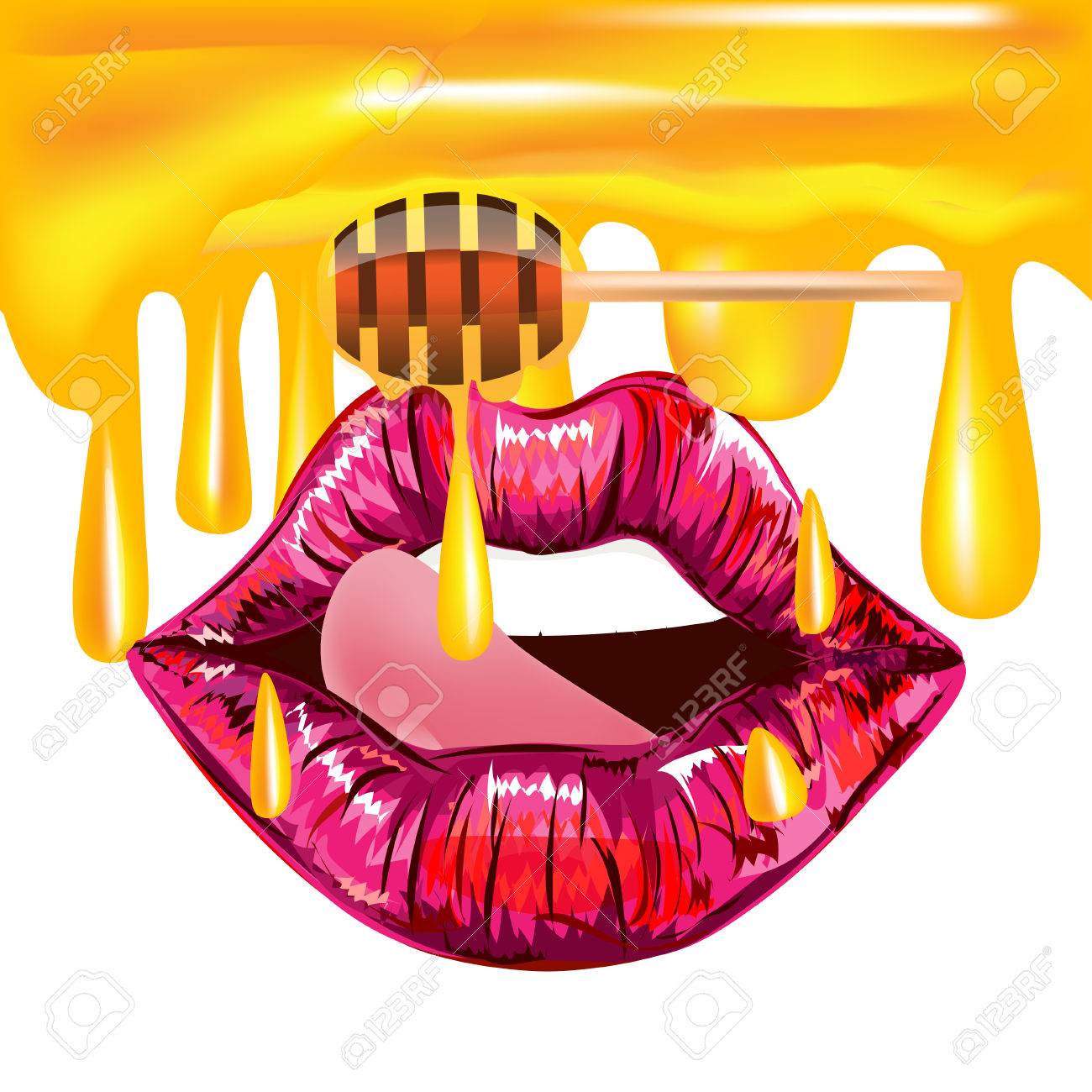 Bright Colored Vector Of Sexy Magenta Lips And Tongue Licks Sweet Honey Drips From Dipstick On Bright Colored Vector Of Sexy Magenta Lips And Tongue Licks Sweet Honey Drips From Dipstick On