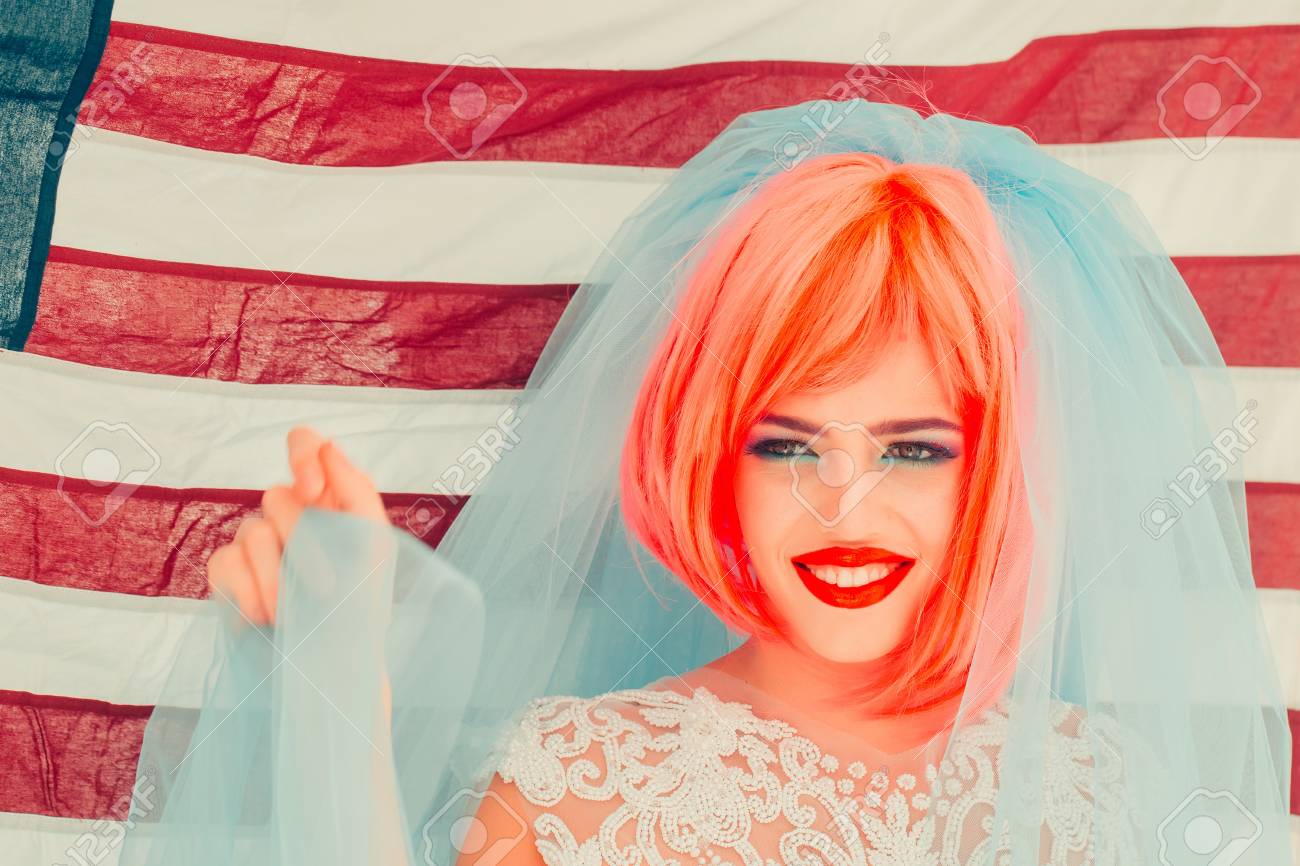 Young Patriotic Happy Pretty Woman With Red Hair And National