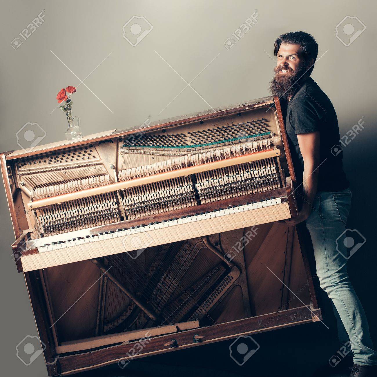handsome bearded strong man with stylish hair mustache and beard trying to move old wooden or wood open piano with keyboard and glass vase with red rose flowers on grey background, copy space - 63549403 handsome bearded strong man with stylish hair mustache and beard trying to move old wooden or wood open piano with keyboard and glass vase with red rose flowers on grey background, copy space - 63549403