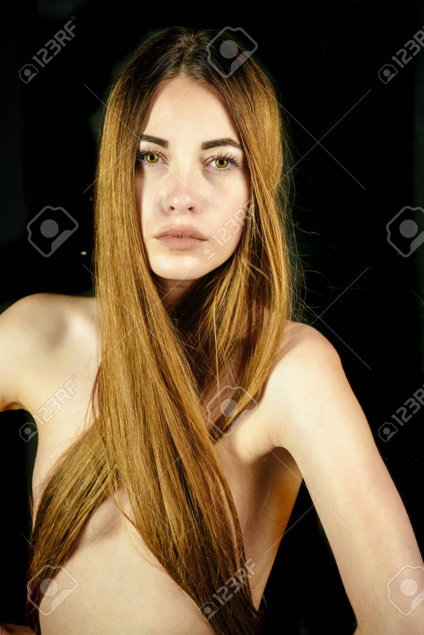 Woman With Stylish Long Hair And Naked Chest Hairdresser And