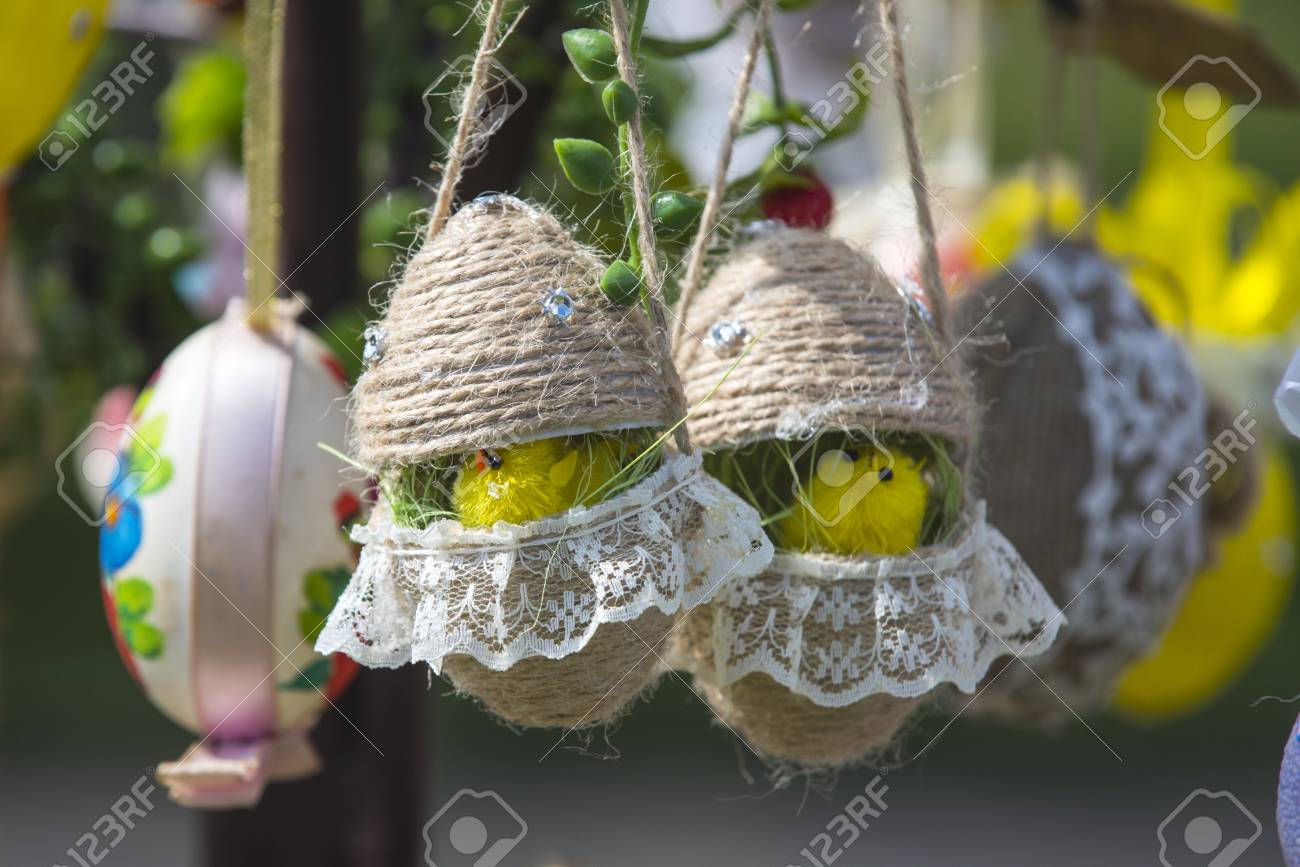 Easter Egg Chickens Hang On Spring Tree Easter Decoration Concept