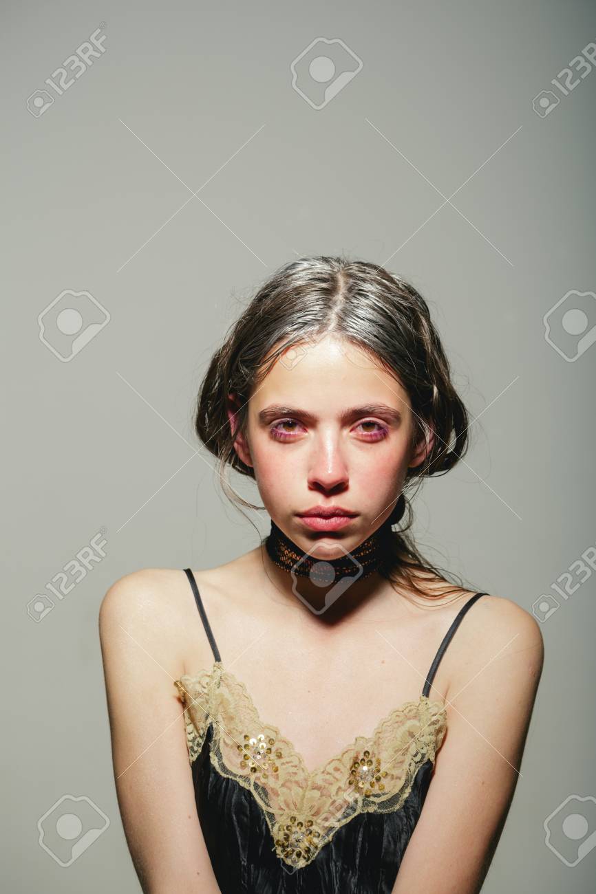 Aging Concept Young Sking And Graying Hair Of Girl Fresh And