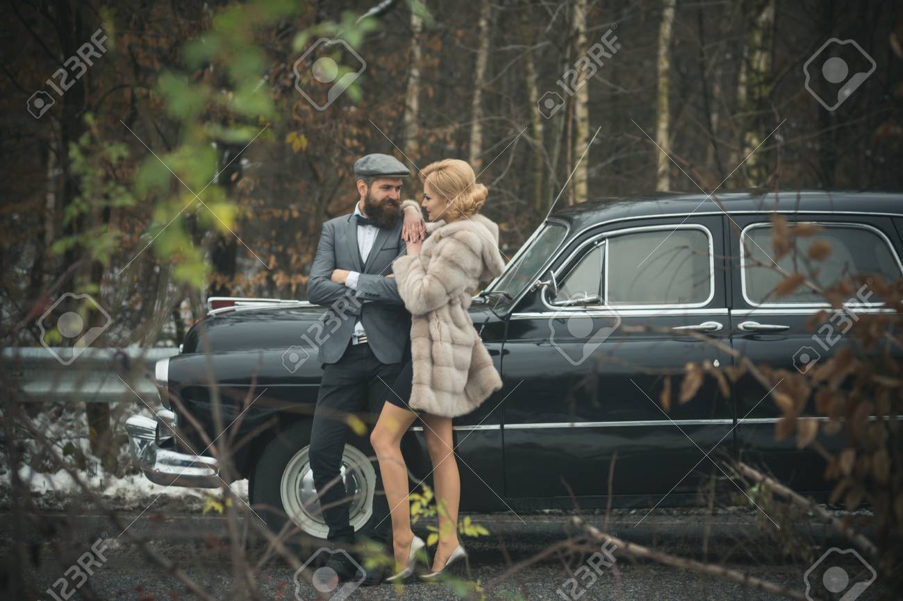 Couple In Love On Romantic Date Retro Collection Car And Auto Repair By Mechanic Driver Travel