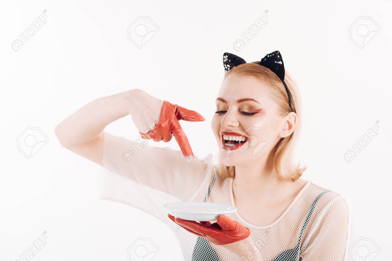 Sexy Cat Woman Lick Milk From Plate Food And Drink Girl In Kitten Ears And Red