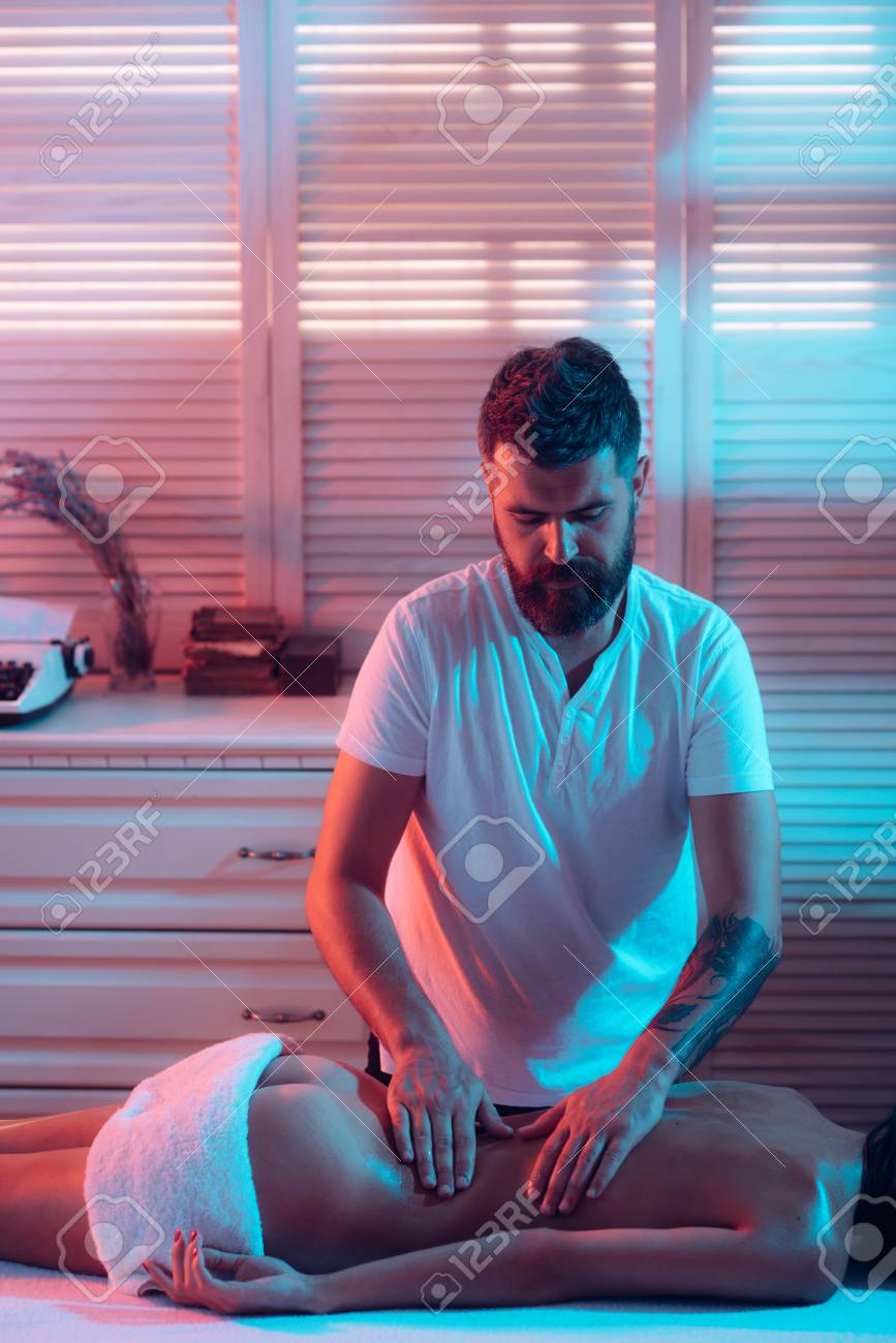Sensual Touch. Sexual Massage. Couple Relaxed In Bed. Man And Girl Relaxing  Sensual Body Massage. Beauty Salon And Spa. Valentines Spa Massage.  Satisfaction And Pleasure. Hedonism And Body Pleasures Stock Photo, Picture