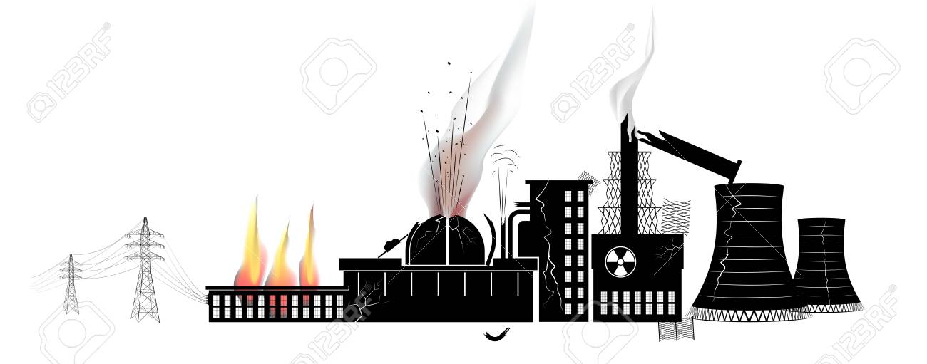 爆発 原子力発電所の放射 非再生可能エネルギー源は 白い背景で隔離 のイラスト素材 ベクタ Image