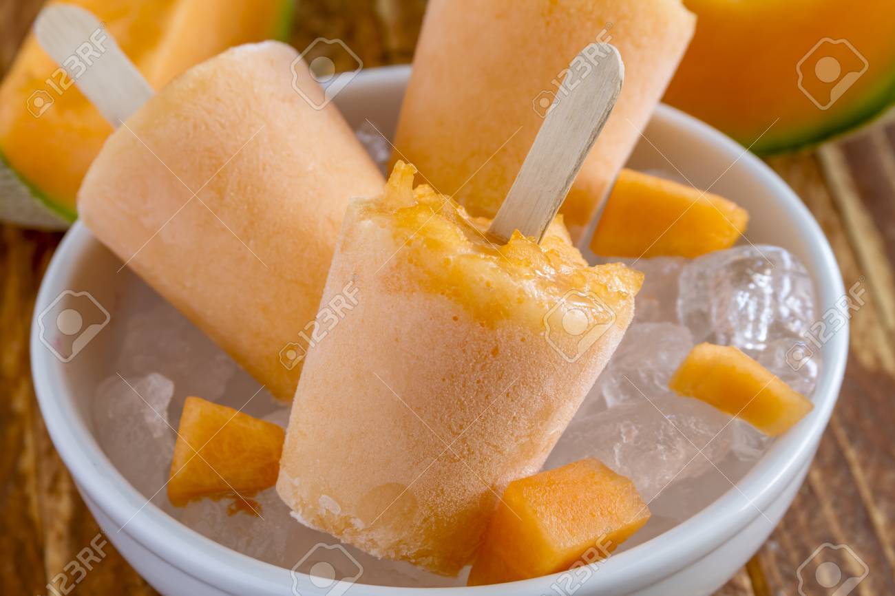 Homemade Fresh Pureed Frozen Cantaloupe Melon Popsicles In White Stock Photo Picture And Royalty Free Image Image 43157018