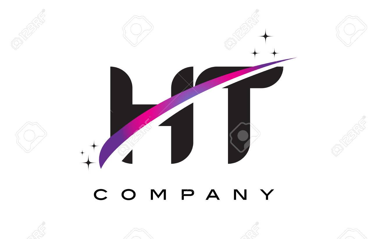 Ht H T Black Letter Logo Design With Purple Magenta Swoosh And