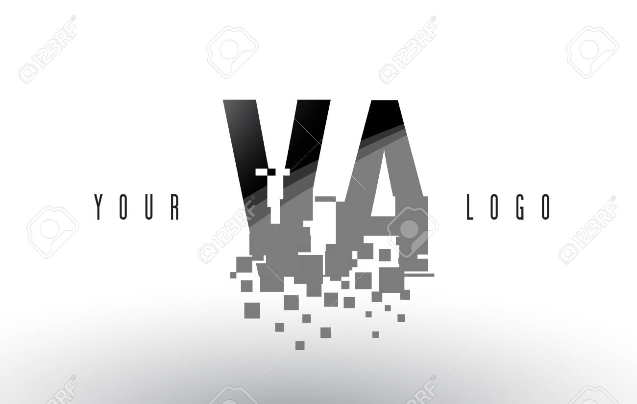 va v a pixel letter logo with digital shattered black squares va letters
