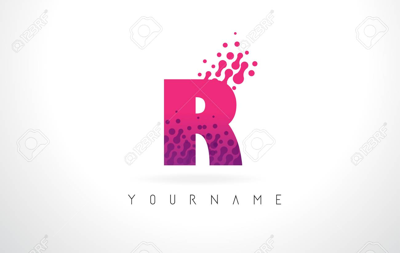 Logotipo De La Letra R Con Letras De Color Rosa Y Diseño De Puntos De Partículas De Color Púrpura