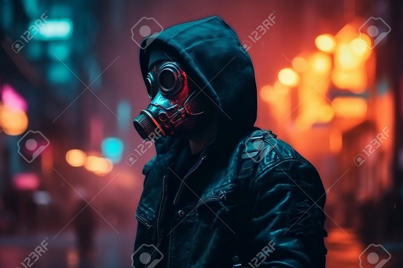 GAS パーカー 保護の形としてガスマスクを着用した、夜のパーカーを着た男性のイラスト。背景の街の明かりが不気味な雰囲気を増し、ボケ効果が奥行き感と  Motion.ai を生み出しますの写真素材・画像素材 Image 202095510
