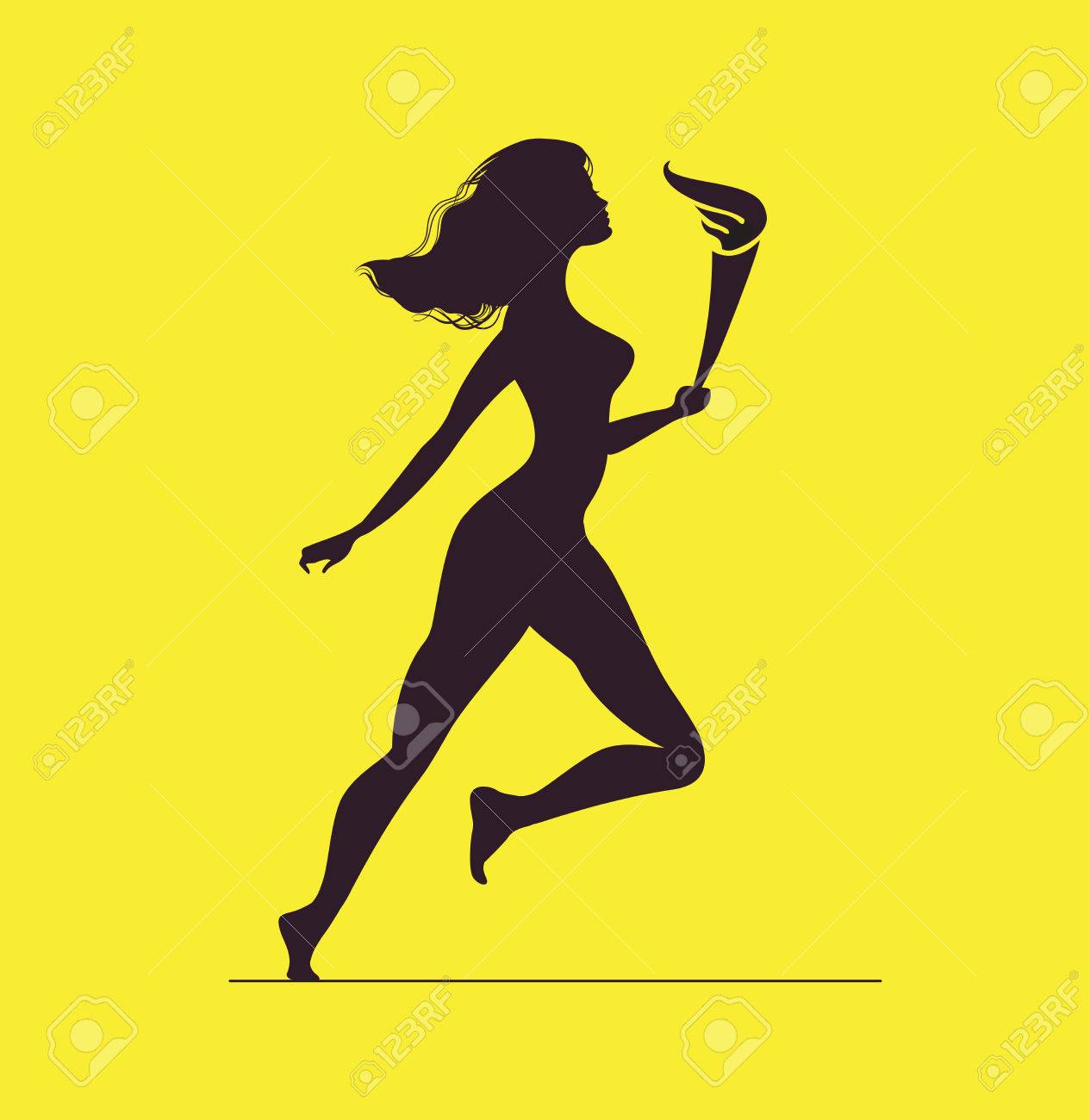 炎を持つ選手 トーチを持つ女性のシルエットのイラスト素材 ベクタ Image
