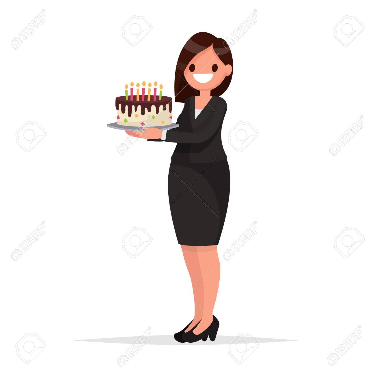 Anniversaire Au Travail L Employe Du Bureau Ou Une Femme D Affaires Detient Un Gateau Illustration Vectorielle Dans Un Style Plat Clip Art Libres De Droits Vecteurs Et Illustration Image