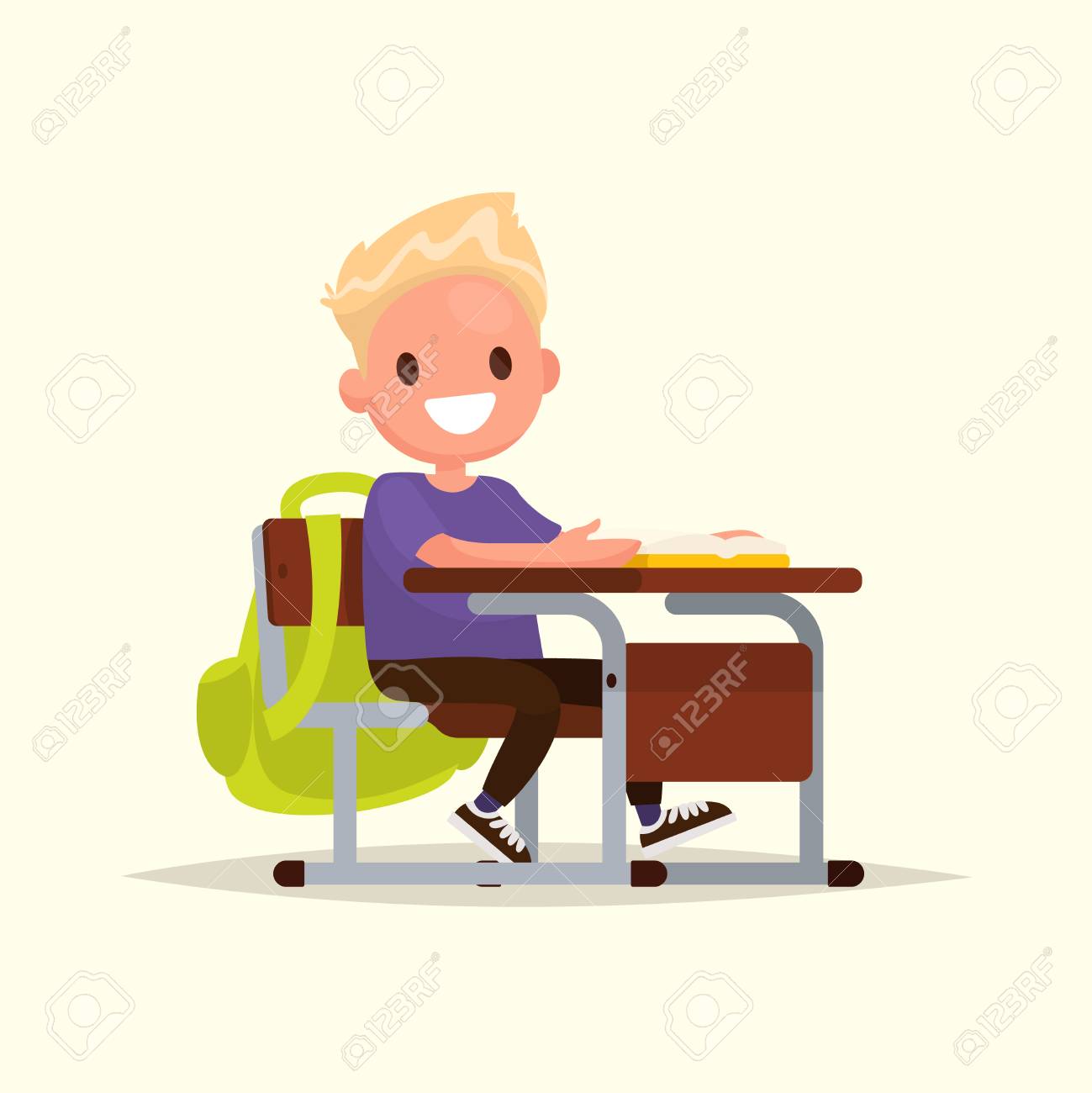 小学校の生徒 男子学生は 学校の机に座っています フラット デザインのベクトル イラスト のイラスト素材 ベクタ Image