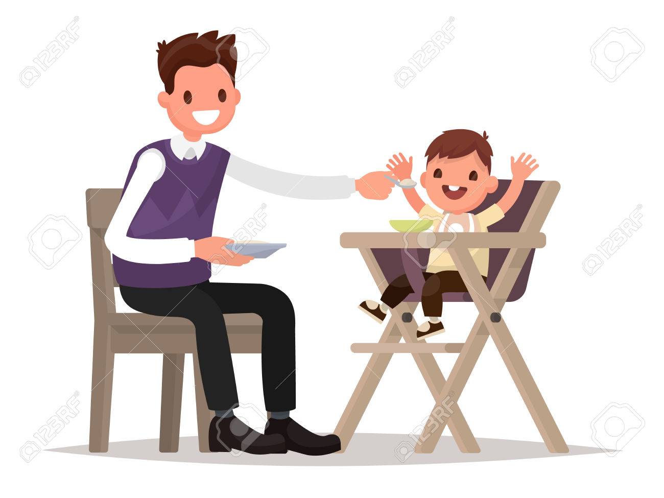 Kinderernahrung Vater Futtert Baby Im Hochstuhl Sitzen Vector Illustration Eines Flachen Design Lizenzfrei Nutzbare Vektorgrafiken Clip Arts Illustrationen Image 69882536