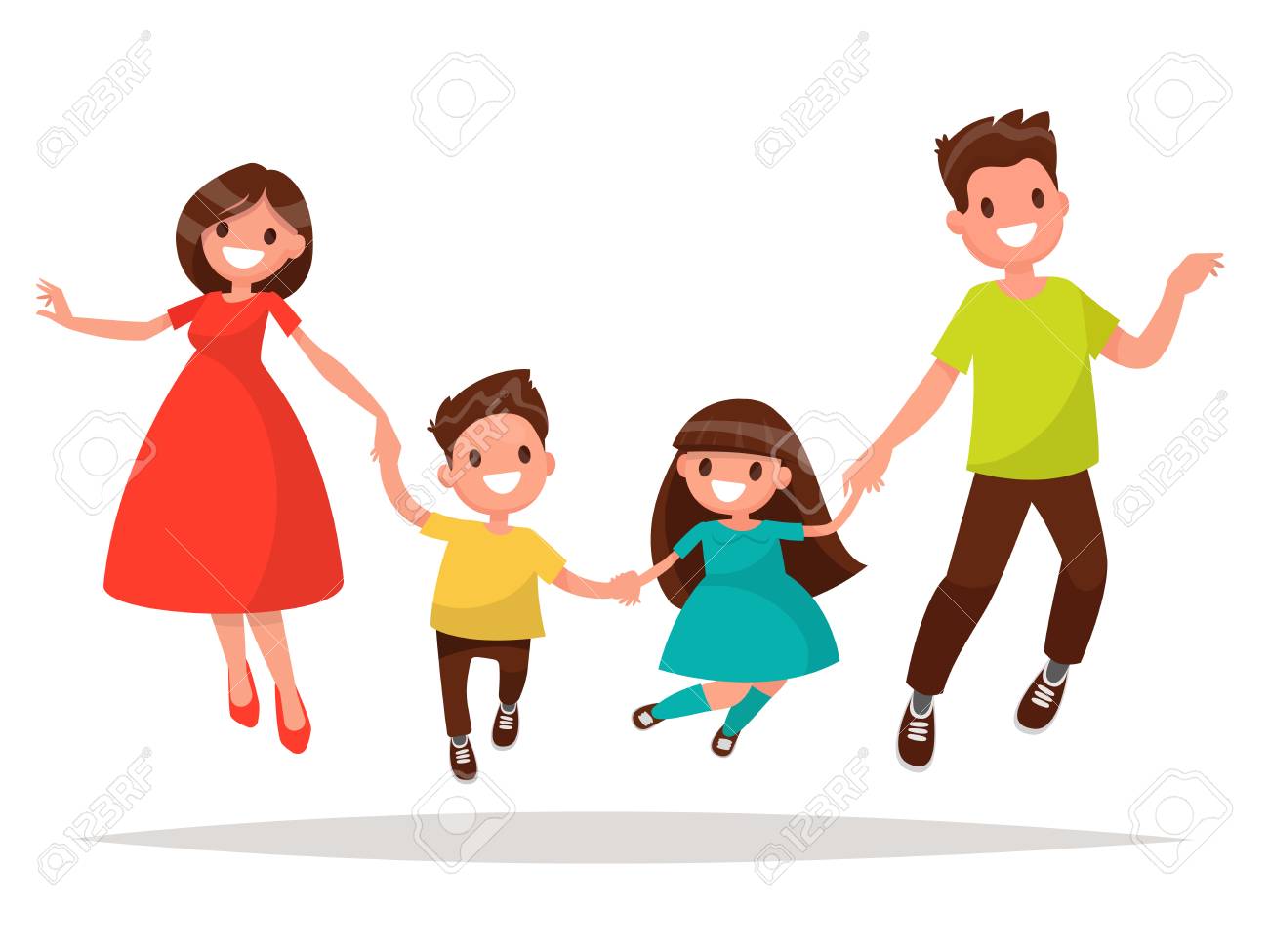 うれしそうな家族が跳んでいます お父さんお母さん娘と息子が手を繋いでジャンプ フラット デザインのベクトル イラスト のイラスト素材 ベクタ Image