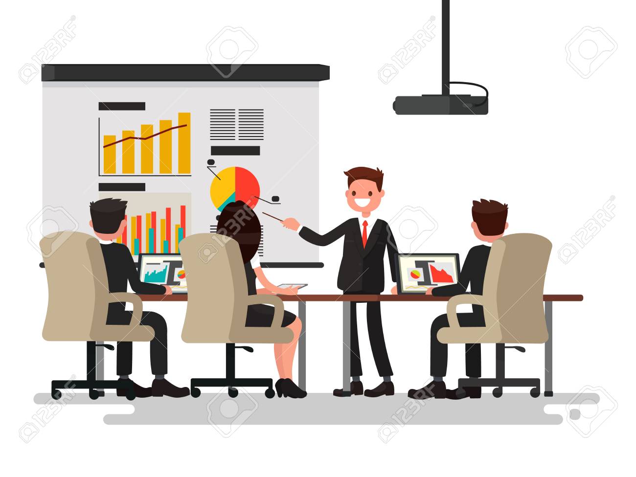 Reunion D Affaires Presentation Du Projet L Homme Parle Devant Ses Collegues Illustration Vectorielle D Un Design Plat Clip Art Libres De Droits Vecteurs Et Illustration Image