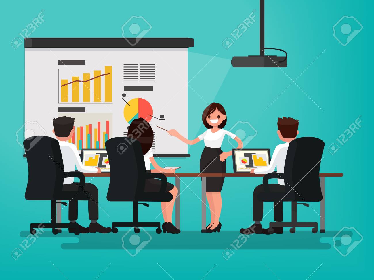 Reunion D Affaires Presentation Du Projet Une Femme Parle Devant Ses Collegues Vector Illustration D Un Design Plat Clip Art Libres De Droits Vecteurs Et Illustration Image 6942