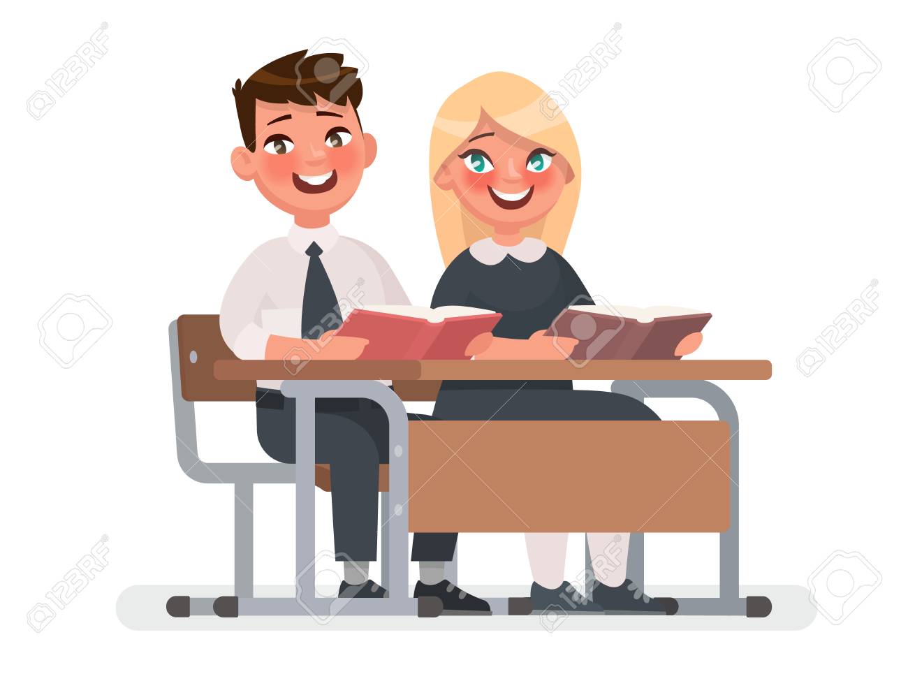 小学校の生徒は 机に座っています 少年と少女は 本を読んでいます ベクトル イラスト漫画のスタイルで のイラスト素材 ベクタ Image