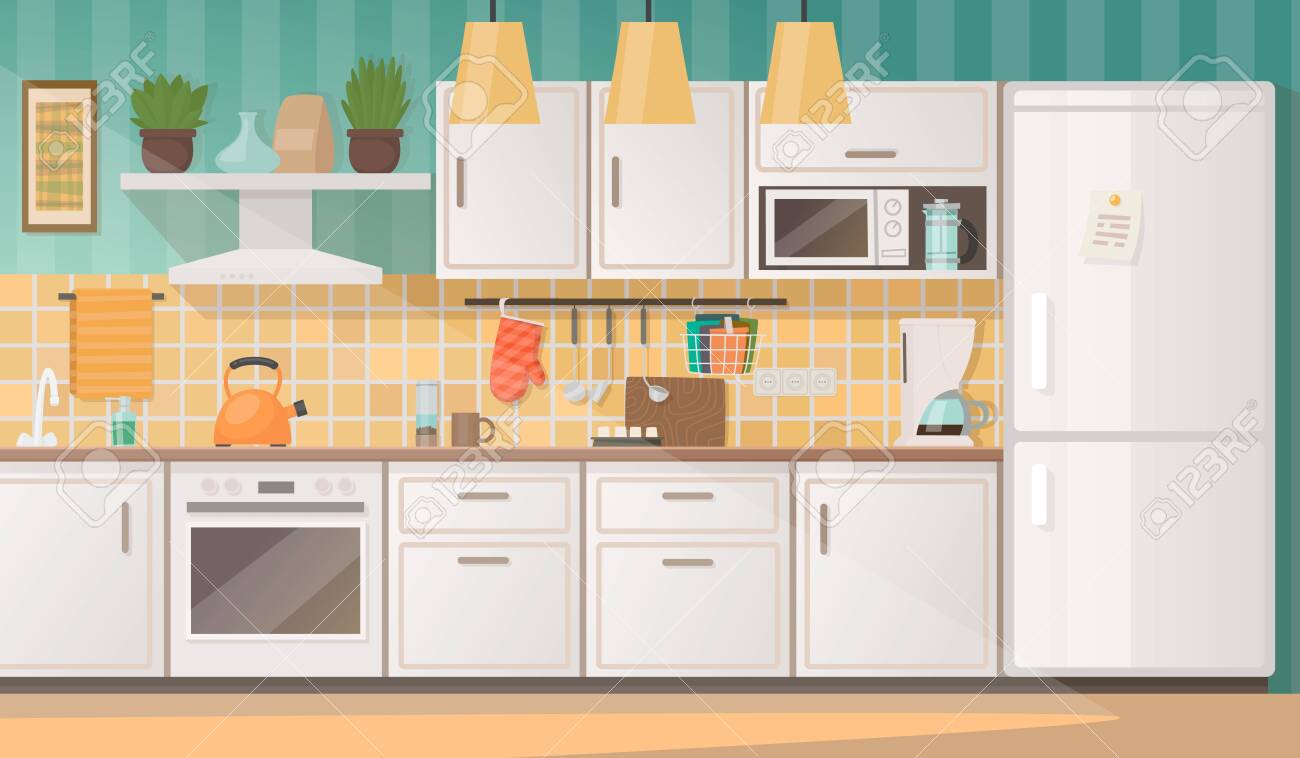 Interior Of A Cozy Kitchen With Furniture And Appliances Vector Royalty Free Cliparts Vectors And Stock Illustration Image 133465383