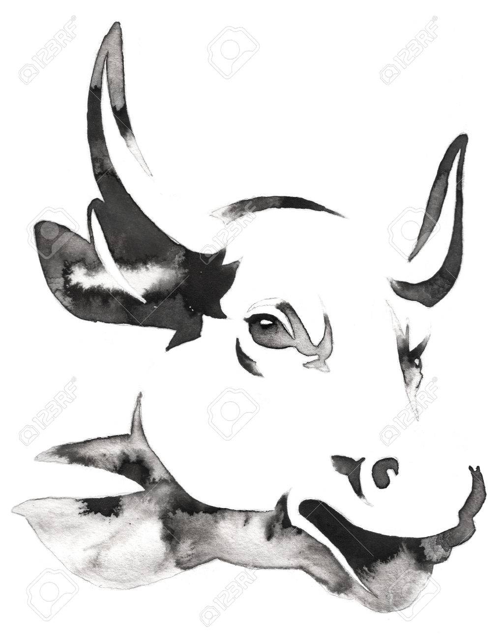 black and white painting with water and ink draw bull illustration