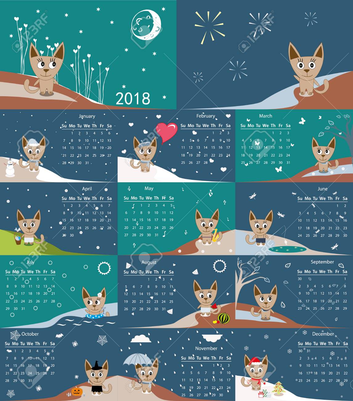 calendar 2018 cute cats for every month vector royalty free